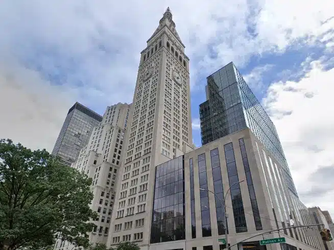The distinctive clock tower rising at 1 Madison Avenue in Midtown South was completed in 1909 and is also known as the Metropolitan Life Tower. It boasts a design by Napoleon LeBrun & Sons, who modeled it after the Campanile in Venice, Italy. The exaggerated features of the tower make it appear far shorter than its 50 stories—each of the clocks is three stories high, and the numbers each weight a half ton.