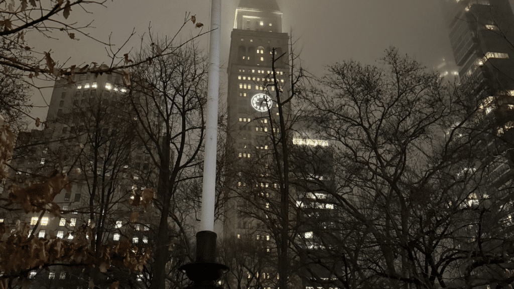 Photo taken of the famous clock tower at night not far from 55 West 17th Street Condominium.