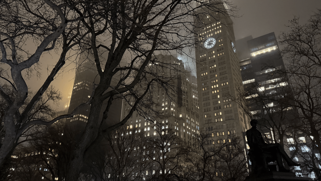 Nighttime view of the famous clock tower where a once notable Irving Berlin once walked.